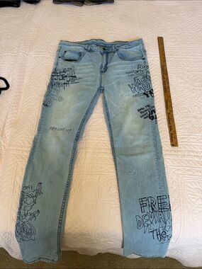 Y&R Light Blue Women's Skinny Jeans with Black Graphic Prints